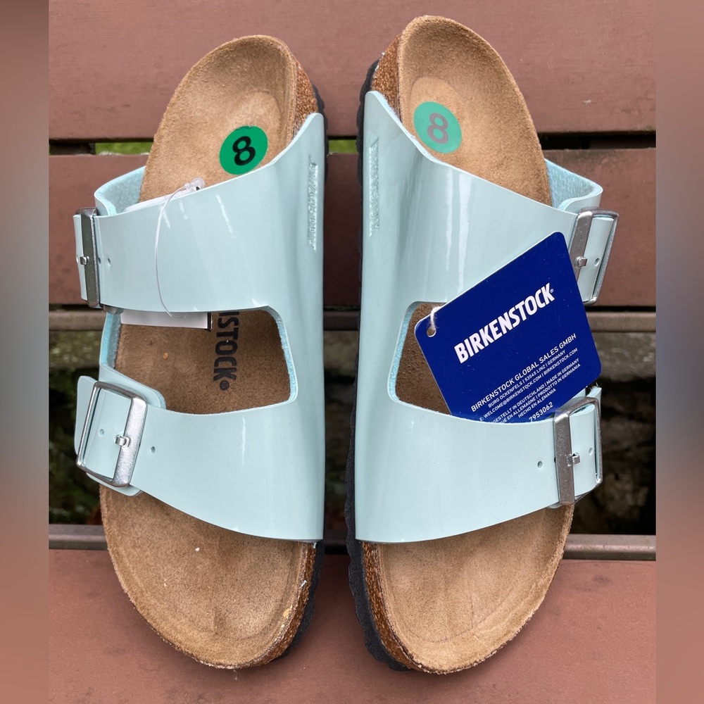 Birkenstock Arizona RARE Patent Leather Sandals in Robin’s Egg Blue NWT EU 39